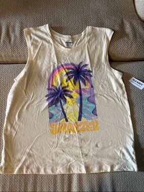 Old Navy Cream Graphic Palm Tree Tank with Purple and Yellow Accents